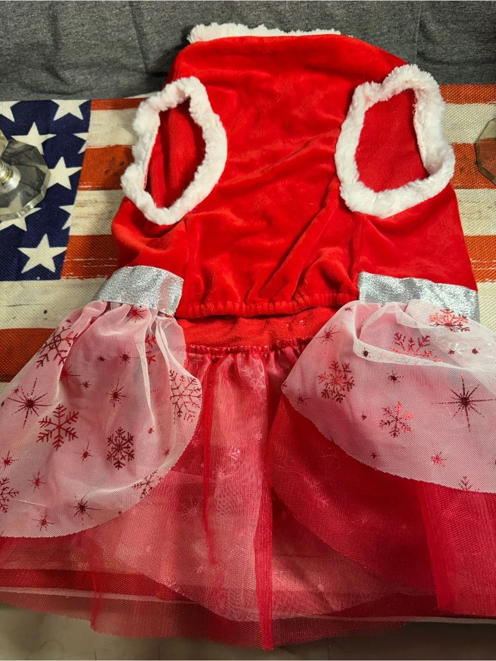 Holiday 'Santa's Little Helper' Red & Silver Dog Dress with Silver Bow